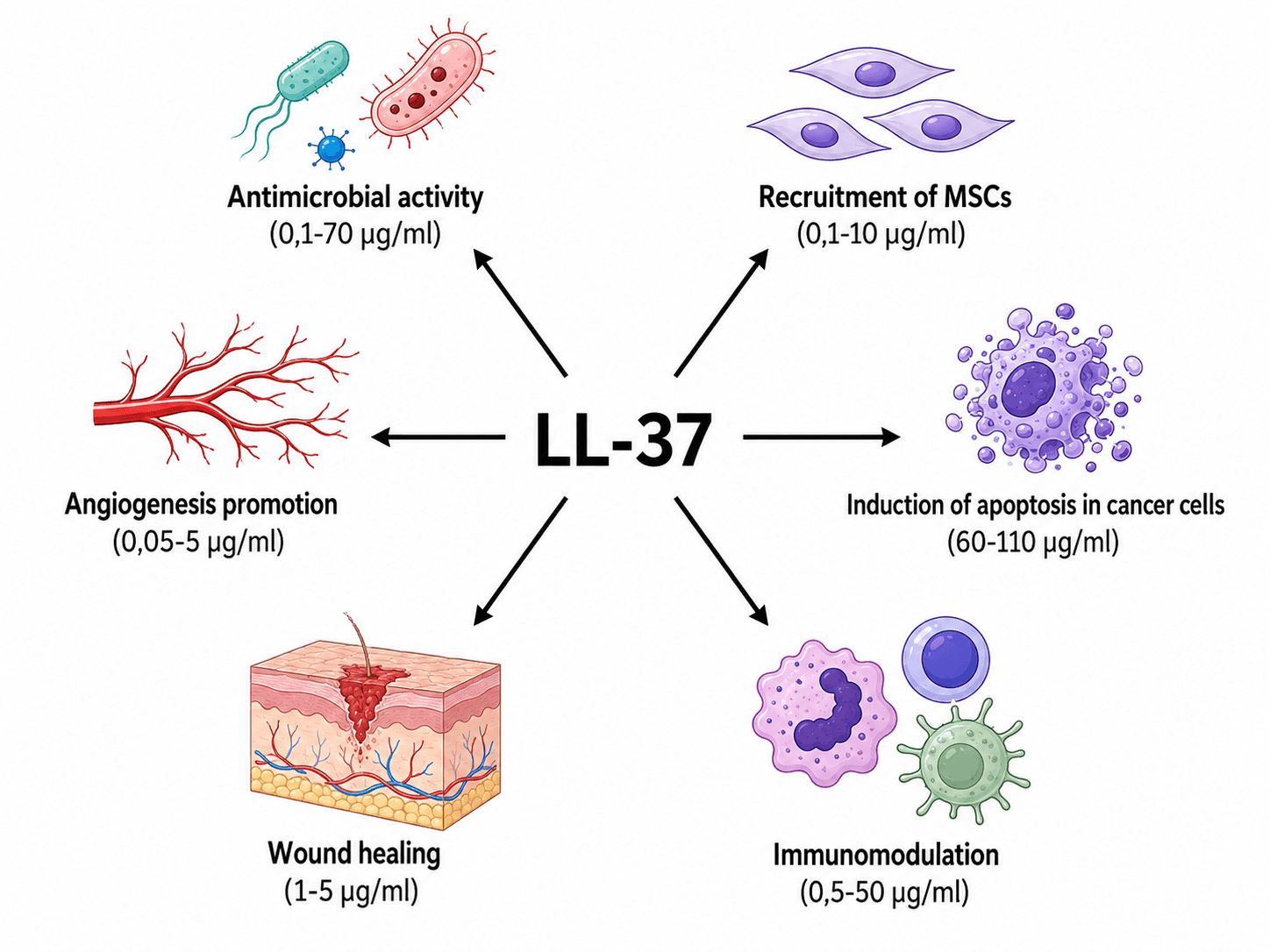LL-37 functions related to antimicrobial activity, wound healing, immunomodulation, and angiogenesis